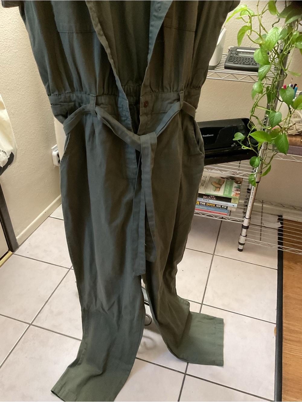 Utility Jumpsuit with Tie Waist - Olive Green - Picture 2 of 6